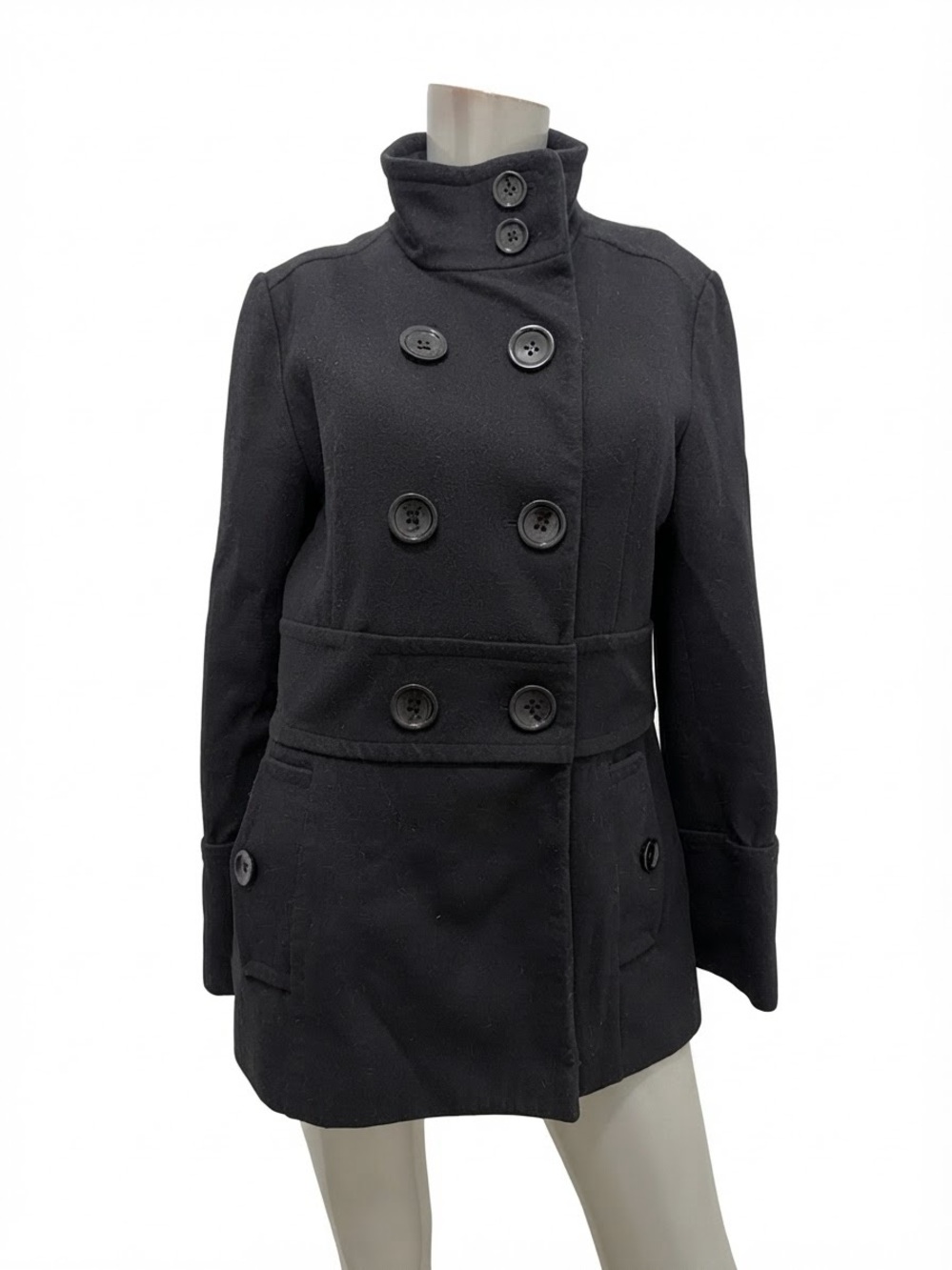 Esprit Womens M Black Wool Blend Double Breasted Military Peacoat High Collar